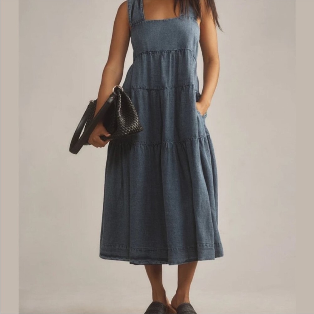 The Helena Square Neck Tiered Anthropologie Blue Denim Midi Dress - Picture 2 of 4